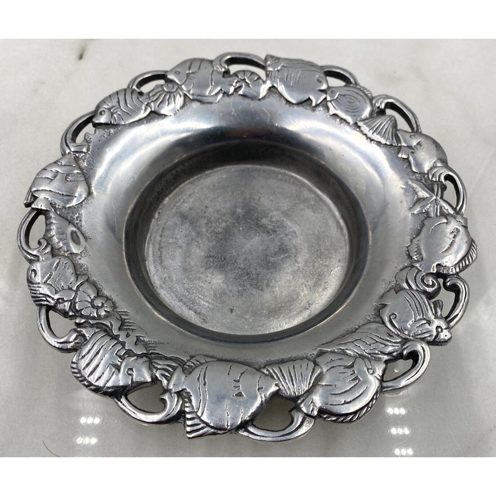 VTG Otagiri Trinket Dish Bowl 3D Silver Pewter?  Fish Seashell Beach Theme